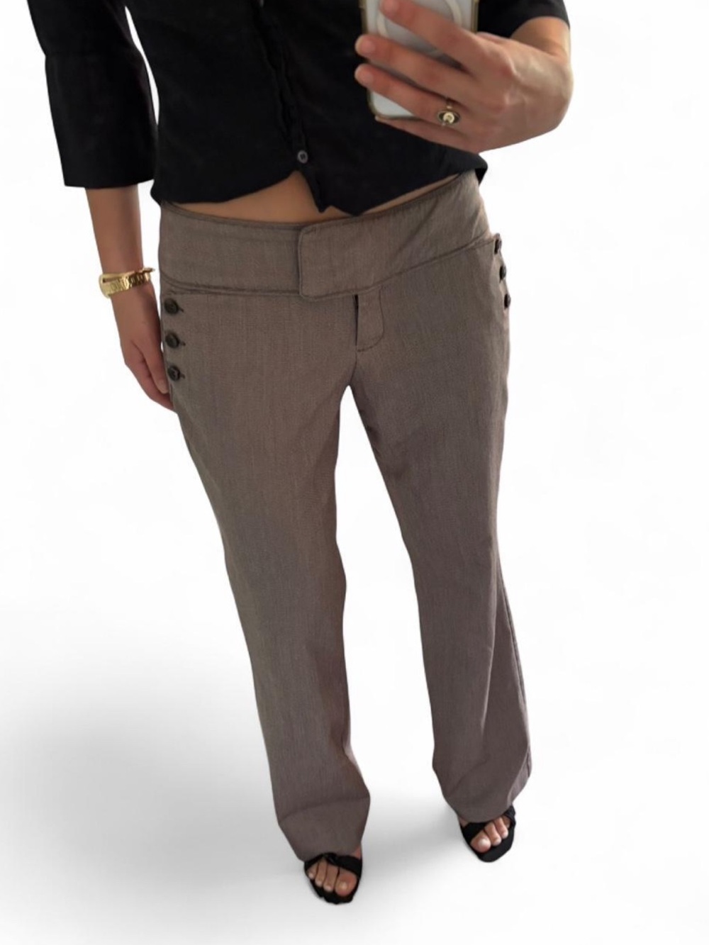 Joe B Taupe Boot Leg Trousers with Side Button Detail